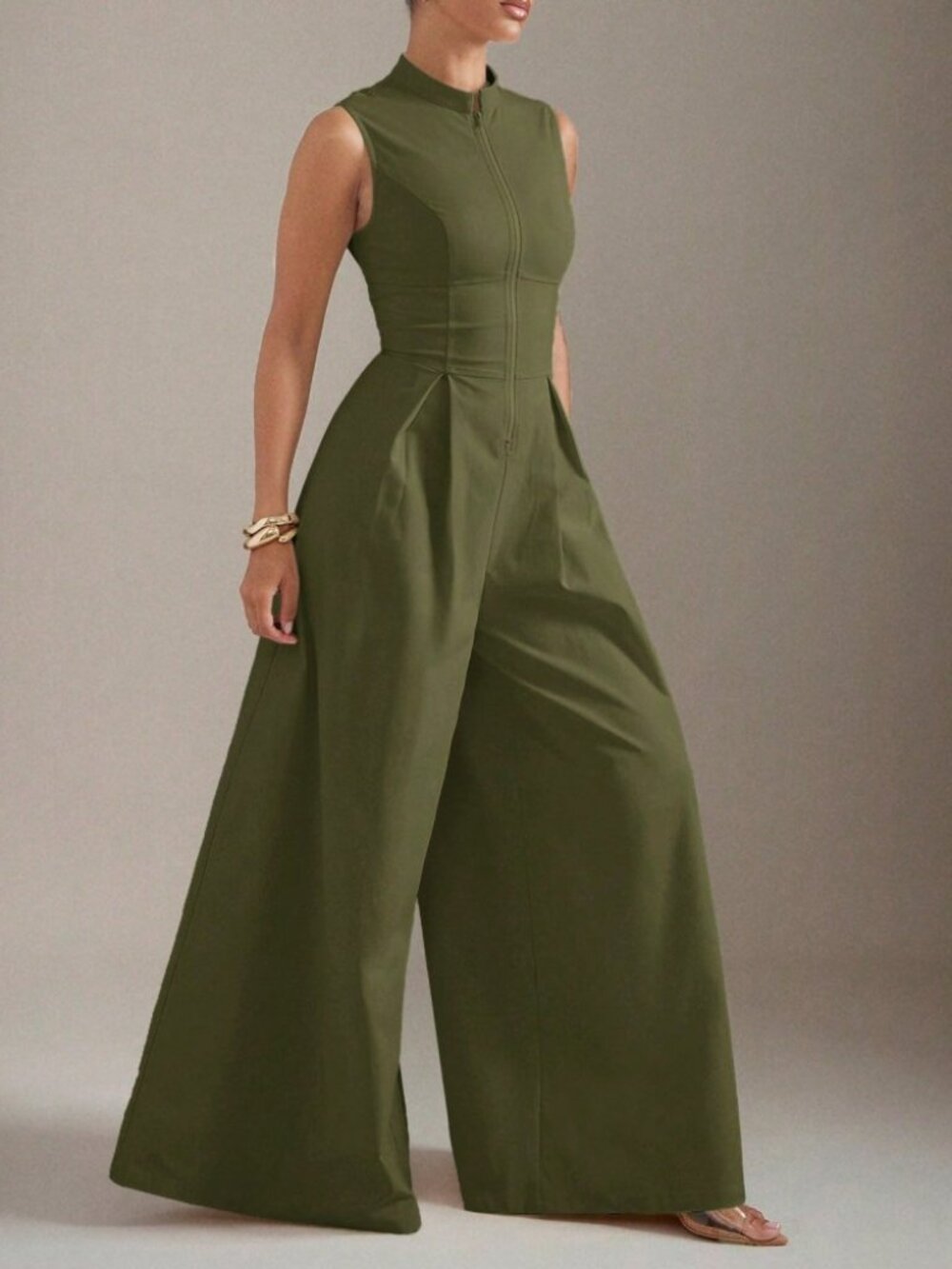 Olive Green Wide Leg Jumpsuit with Zip Front and Stand Collar